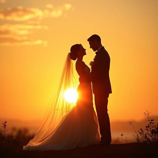A breathtaking outdoor wedding scene with the bride and groom silhouetted against a golden sunset, capturing the romance and magic of their special day