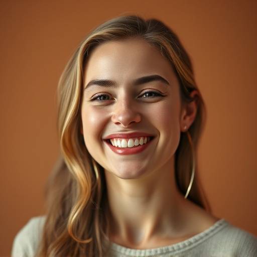 A captivating studio portrait of a woman smiling warmly, showcasing excellent lighting and composition