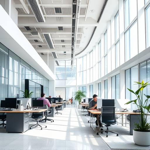 A vibrant and professional commercial shot of a modern office space, highlighting its architecture and design elements, promoting a sense of productivity and innovation
